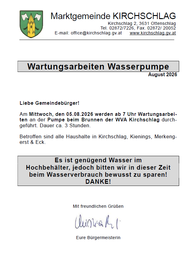 Wartungsarbeiten Wasserpumpe Marktgemeinde Kirchschlag mit Hinweis auf Wassersparen